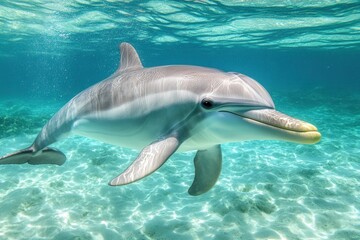 Obraz premium Graceful Dolphin Swimming Under Water with Crystal Clear Ocean Surroundings and Sunlight Filtering Through the Waves, Creating a Beautiful Seascape