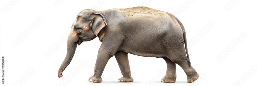 Poster Realistic illustration of an elephant walking across a plain background highlighting its majestic features and gentle demeanor. Generative AI