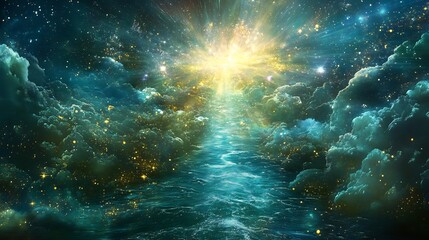 Depiction of sacred rivers flowing through holy places surrounded spiritual energy and celestial light