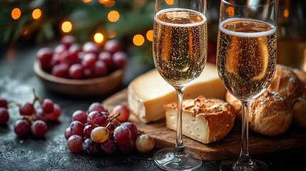 flutes of sparkling wine sit alongside a platter of cheeses and grapes, all bathed in the warm glow of festive lights