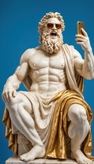 Obraz premium A marble statue of Zeus wearing sunglasses, sitting on his throne and taking selfies with an phone