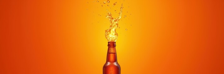 A chilled bottle of beverage exploding with refreshing fizz against a vibrant orange backdrop, perfect for drink promotions, advertisements, and social media content.