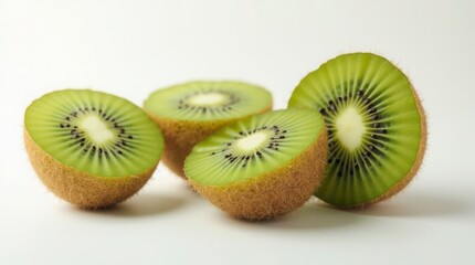 several whole and halved kiwifruits. The whole kiwifruits have brown, fuzzy skin, while the halved kiwifruits reveal a vibrant green interior with a white centre and small black seeds arranged.