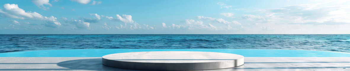 Fototapeta premium Elegant Podium with Ocean Horizon View, A clean and modern podium set against an expansive oceanic horizon for a serene, minimalist scene.