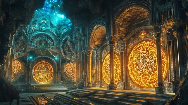Depiction of sacred architecture intricate stained glass windows glowing with sacred geometry