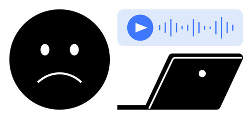Black sad face, laptop, and audio waveform with play button. Ideal for online harassment, cyberbullying, negative feedback, mental health, digital communication issues, emotional response social