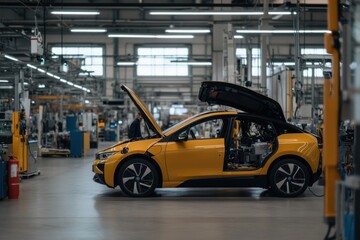 Obraz premium Car repair process underway in a modern automotive manufacturing facility