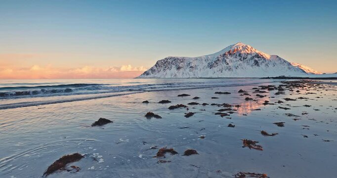 lofoten, norway, sea, winter, mountain, fjord, landscape, snow, seascape, nordic, arctic, norge, nature, video, water, travel, ocean, coast, hill, outdoor, beach, environment, rocks, cold, island, nor