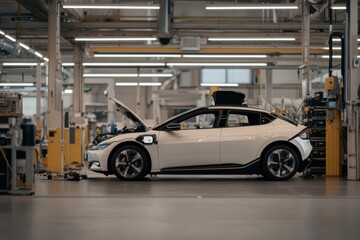 Car with open hood being serviced in an automotive workshop during the day