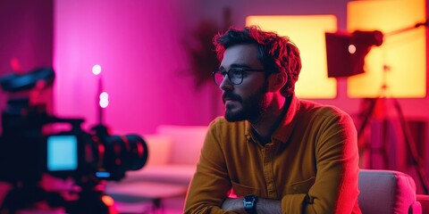 Obraz premium Advertising director leading creative campaign coordination in dynamic studio environment for innovative marketing strategies