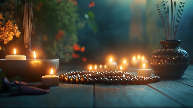 Depiction of devotion through sacred bead candles incense glowing serene meditation space