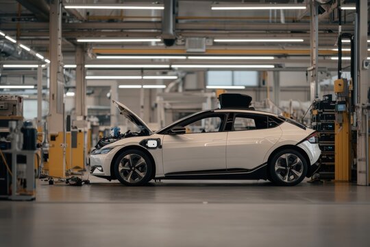 Car with open hood being serviced in an automotive workshop during the day