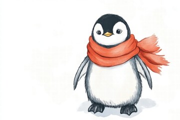 Fototapeta premium Cute illustrated penguin wearing a vibrant orange scarf standing against a plain background in a winter theme. Generative AI