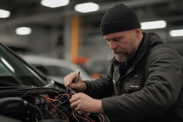 Expert working on electrical wiring in a car during an evening in an auto repair shop