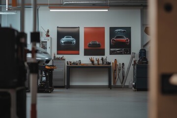 Modern workspace featuring car brand posters and an array of tools for automotive projects