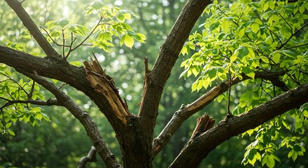 Fototapeta premium Sunlight streams through vibrant green leaves on a broken tree branches. Nature's bark and forest daylight.
