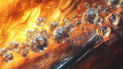 A wondrous close-up of radiant crystalline bubbles forming on the surface of molten glass