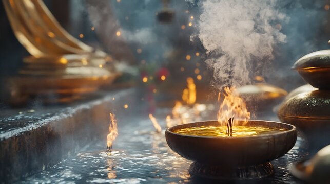 Creative visualization of religious rituals incense holy water and sacred fire offerings