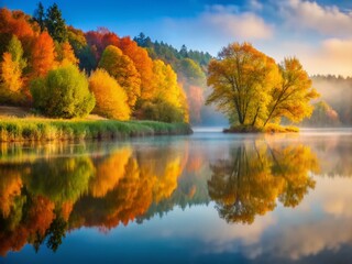 Obraz premium Misty Autumn Morning: Kyiv River Forest Reflection