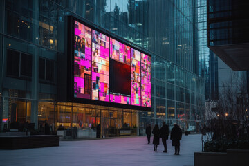 Vibrant financial news screens illuminate urban plaza as pedestrians stroll during the twilight hour