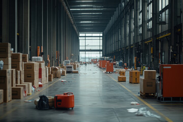 Disrupted supply lines halt operations in a large warehouse with scattered boxes and equipment