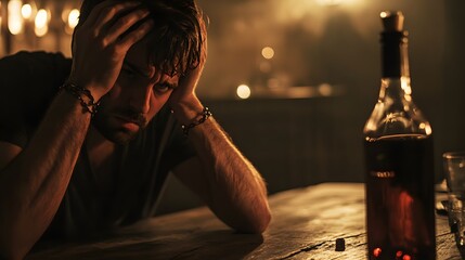 Desperate Man Holds Head Near Liquor Bottle