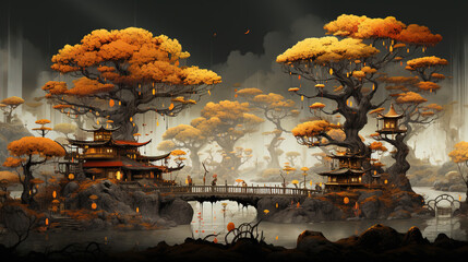 Enchanted Autumn Village by a Misty River