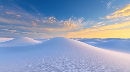 Serene sunset over white sand dunes.