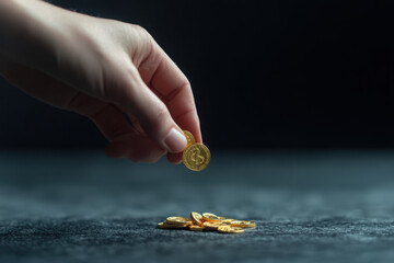 Hand transferring gold coins symbolizing wealth and trade between countries in a dark setting