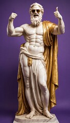 Greek marble statue of Zeus wearing sunglasses and gold shorts, giving a thumbs-up gesture against a purple background