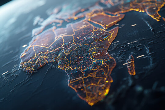 Economic growth highlighted in a digital map of Africa showcasing connectivity and development