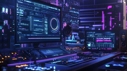 Obraz premium Digital 3D music studio with interactive holograms, 3D background music, advanced and innovative