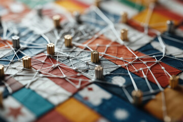 Mosaic of national flags intricately connected by threads symbolizing unity and diversity among nations