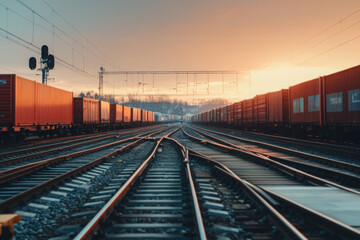 Network of commodity exchanges connecting freight trains during sunset in a railway yard