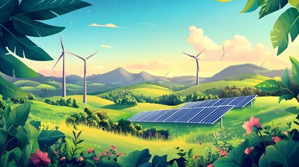 Fototapeta premium Idyllic Green Landscape Featuring Solar Panels and Wind Turbines