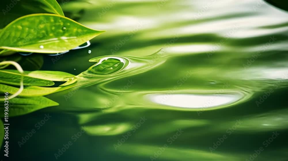 Poster Tranquil Waters: A close-up of shimmering emerald green water with floating leaves, creating an abstract and serene natural design. Perfect for relaxation, spa, and nature themes. 