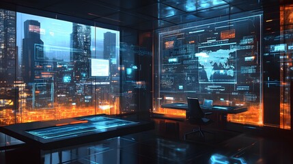 Futuristic Office Space With Cityscape View And Digital Overlays