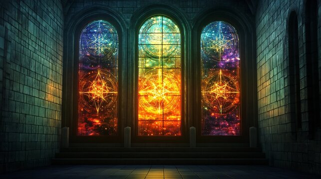 Celestial depiction of sacred geometry stained glass windows glowing in a sacred place