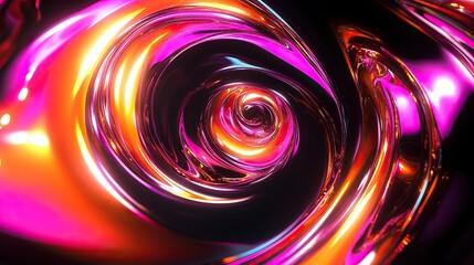Abstract liquid metallic paint spirals blending neon pink and electric orange hues