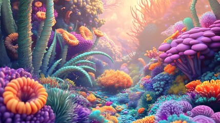 Vibrant Underwater Coral Reef Scene With Lush Colorful Flora