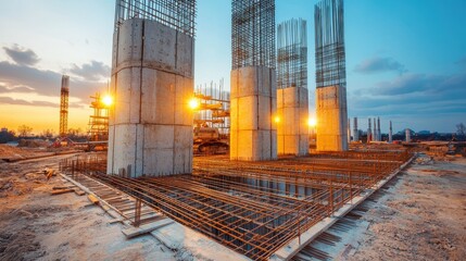 A construction site at sunset, showcasing concrete pillars and steel reinforcement, illuminated by warm lights, capturing the essence of urban development.