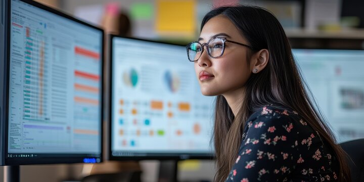 Corporate finance officer analyzes quarterly financial reports for budget forecasts and company performance review