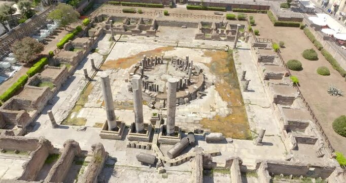 Aerial view the Macellum of Pozzuoli, near Naples, Italy. It was market building of the Roman colony of Puteoli. It was mistakenly known as the Temple of Serapis.