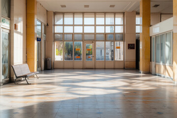 Deserted bank and closed businesses in a quiet interior space during daylight hours