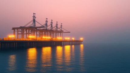 Obraz premium A serene sunset over a pier with cranes, reflecting lights in calm waters, creating a tranquil atmosphere.