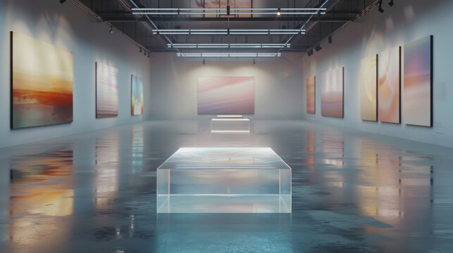 Glass Podium Glowing Softly in Art Gallery, A contemporary glass podium illuminated by gallery lights, set against abstract art pieces in a modern gallery.