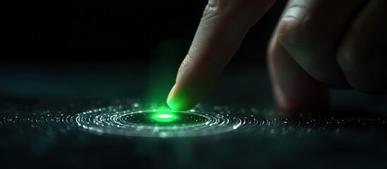 Fingertip touching glowing green circle on dark futuristic surface.