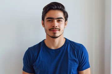 A young man with short dark hair and a goatee smiles gently.