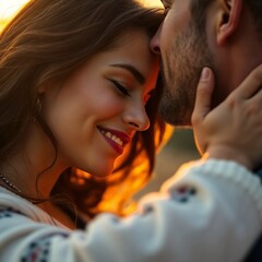 Happy couple sharing a tender moment during sunset with soft light