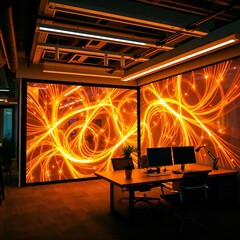 Modern office interior with vibrant orange light patterns on glass walls